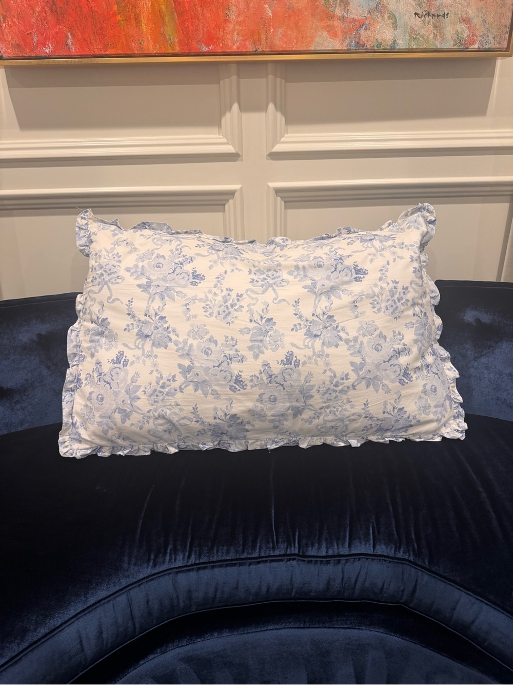 LoveShackFancy Blue and White Garden Damask Ruffle Wedge Pillow - Picture 4 of 6